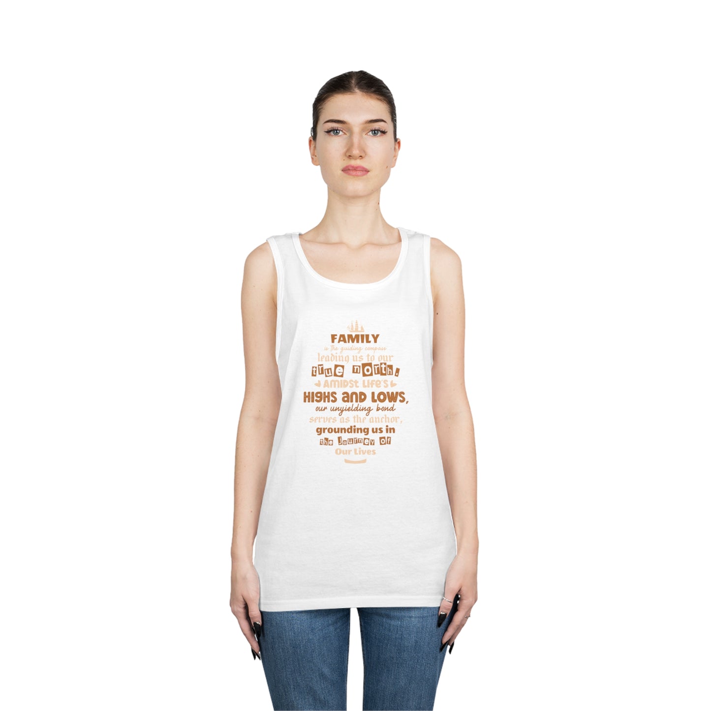 White tank top mockup with quote typography design on female model.