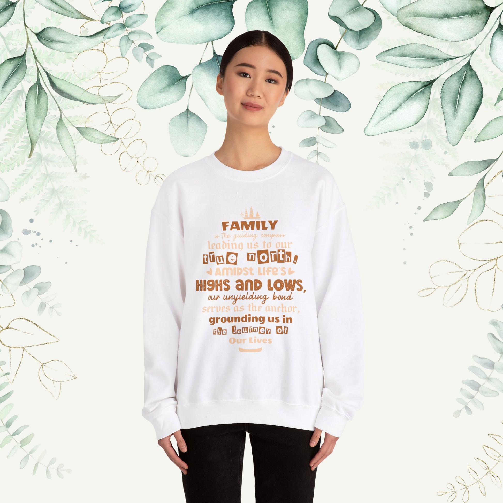 "Witness the Guided by Family - Unisex Heavy Blend™ Crewneck Sweatshirt in a myriad of colors and sizes, each adorned with a typography design reflecting the enduring strength and unity found in family connections."