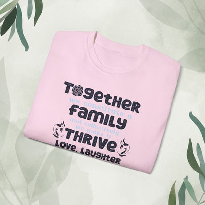 "A collection of mockups showcasing the Thrive Together With Unisex Ultra Cotton Tee in various sizes and colors, accompanied by a typography design inspired by the enduring unity of family."