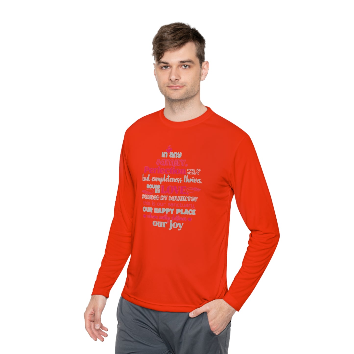 Explore the versatility of the Completeness Defined With Unisex Lightweight Long Sleeve Tee with mockups showcasing a range of vibrant colors and sizes, paired with typography designs inspired by the profound love within families.