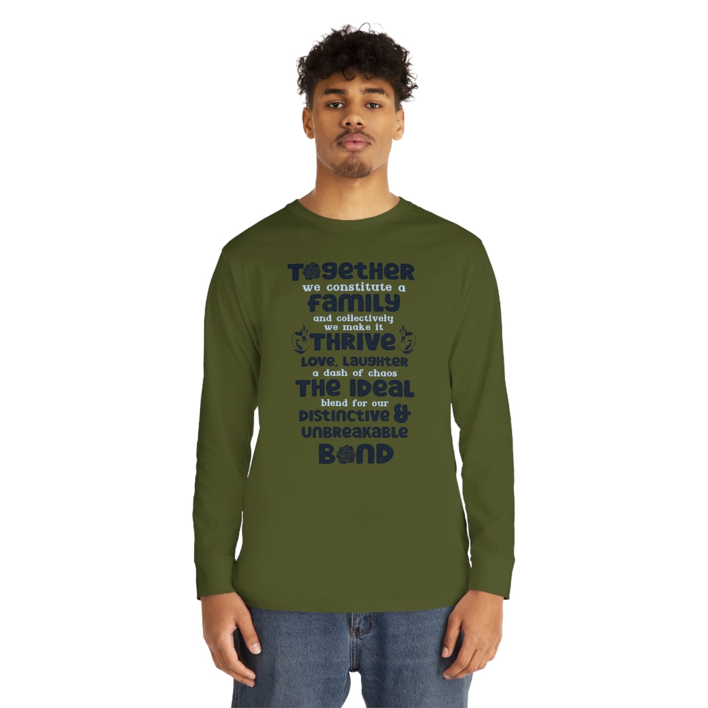 "Explore the versatility of the Thrive Together - Unisex Long Sleeve Crewneck Tee with mockups depicting different colors and sizes, all featuring a heartfelt typography design celebrating the strength of familial love."