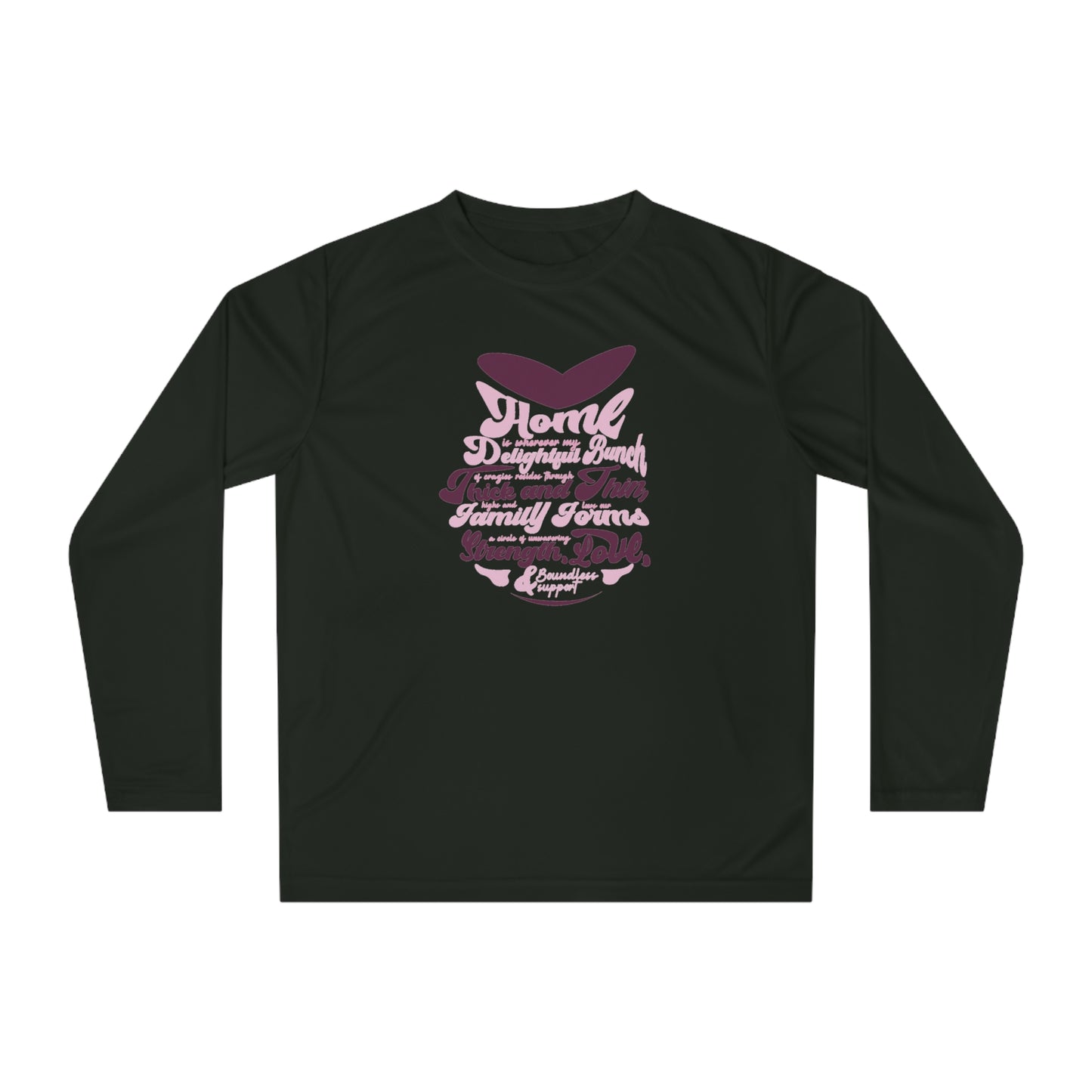 "Multiple mockups showcasing the Unleash Your Strength - Unisex Performance Long Sleeve Shirt in various sizes and colors, each featuring a unique typography design reflecting the essence of family bonding."