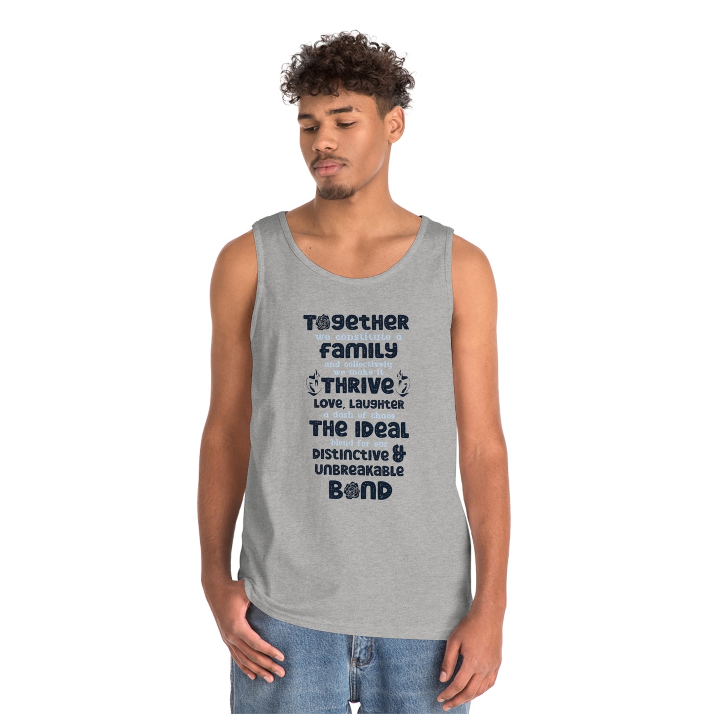 Front View On The Male Model In Sport Grey Color of the "Thriving Unity - Unisex Heavy Cotton Tank Top featuring a typographic design with the quote "Together, we constitute a family, and collectively, we make it thrive. Love, laughter, and a dash of chao