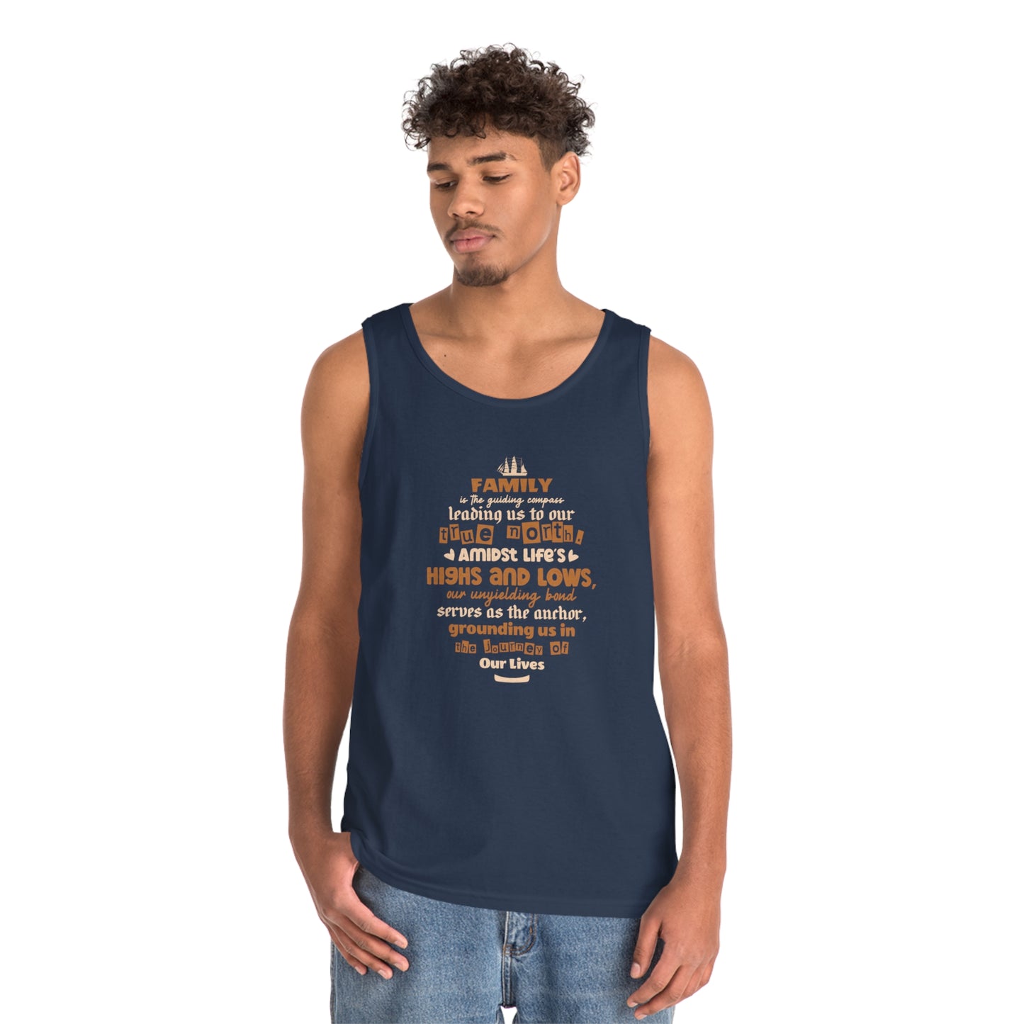 Navy tank top mockup displaying "Family is the guiding compass leading us to our true north" typography on male model.