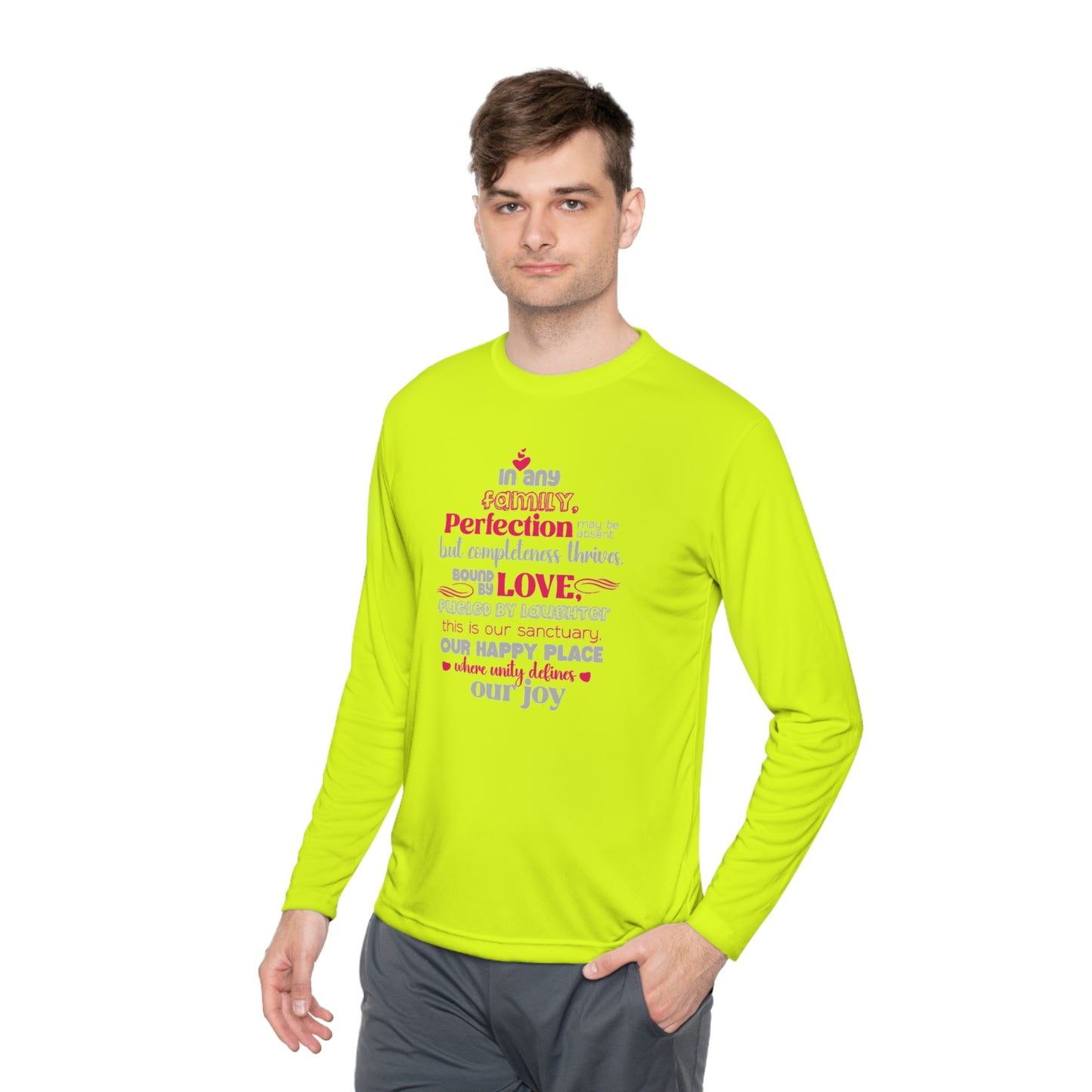 Explore the versatility of the Completeness Defined With Unisex Lightweight Long Sleeve Tee with mockups showcasing a range of vibrant colors and sizes, paired with typography designs inspired by the profound love within families.