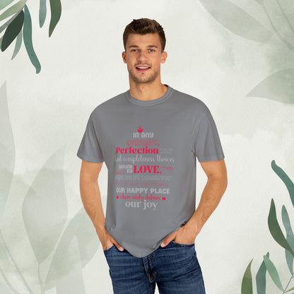 "Diverse mockups presenting the Sanctuary of Unity - Unisex Garment-Dyed T-shirt in various hues and sizes, complemented by a typography design symbolizing the unbreakable bond shared within families."