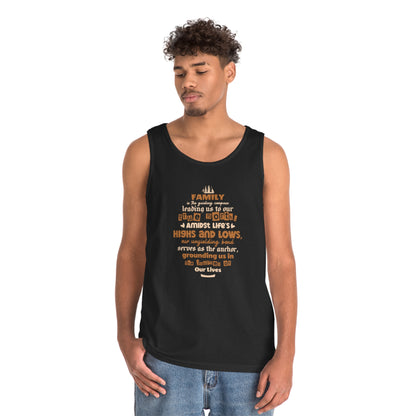 Front view mockup of black tank top showcasing quote typography design.