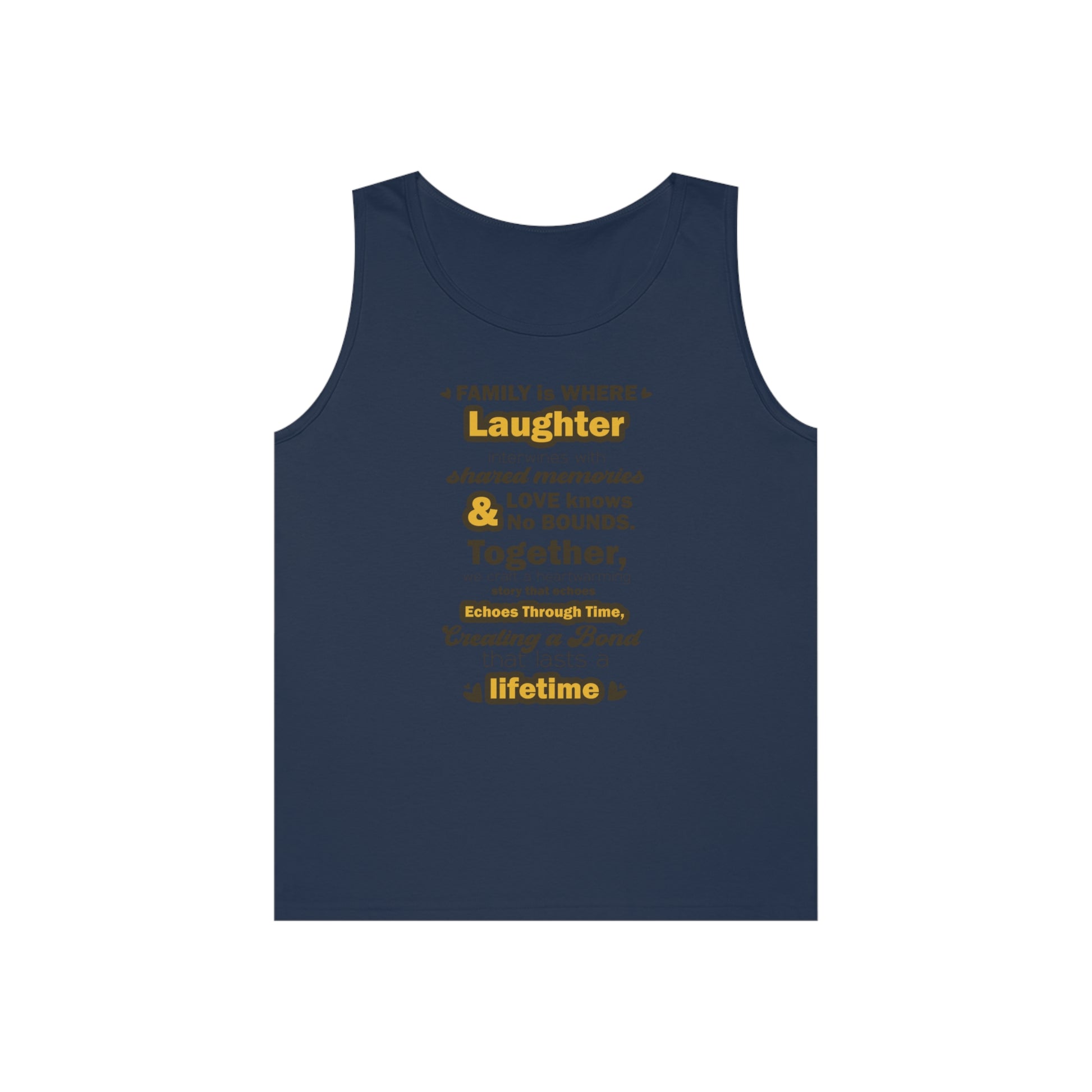 Front view Navy Color mockup of the Eternal Bond - Unisex Heavy Cotton Tank Top featuring a typography design inspired by the quote: 'Family is where laughter intertwines with shared memories, and love knows no bounds. Together, we craft a heartwarming st