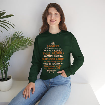 "Witness the Guided by Family - Unisex Heavy Blend™ Crewneck Sweatshirt in a myriad of colors and sizes, each adorned with a typography design reflecting the enduring strength and unity found in family connections."