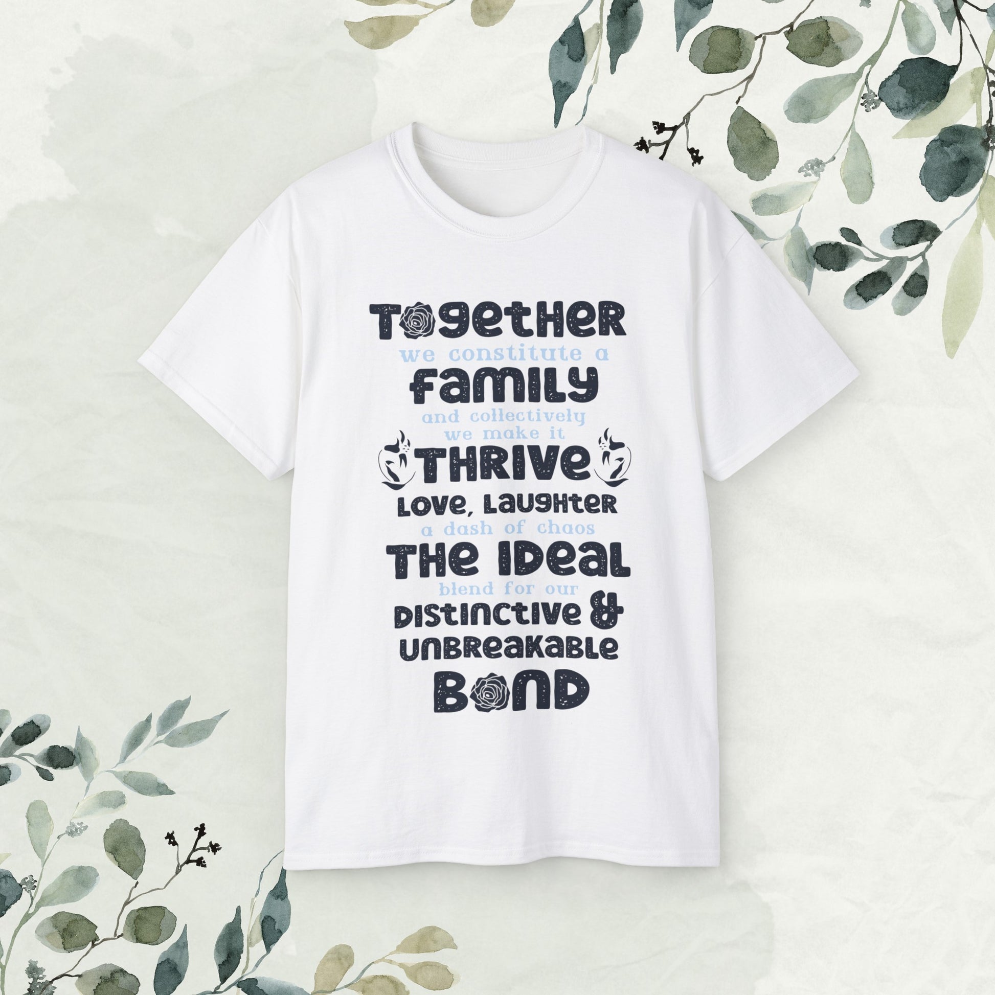 "A collection of mockups showcasing the Thrive Together With Unisex Ultra Cotton Tee in various sizes and colors, accompanied by a typography design inspired by the enduring unity of family."