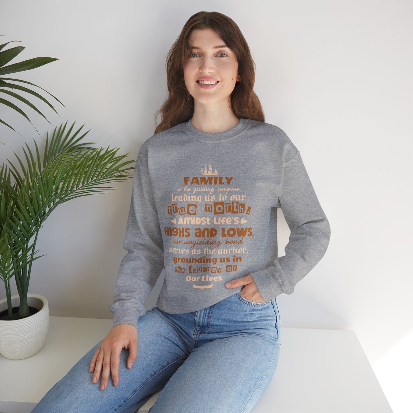 "Witness the Guided by Family - Unisex Heavy Blend™ Crewneck Sweatshirt in a myriad of colors and sizes, each adorned with a typography design reflecting the enduring strength and unity found in family connections."