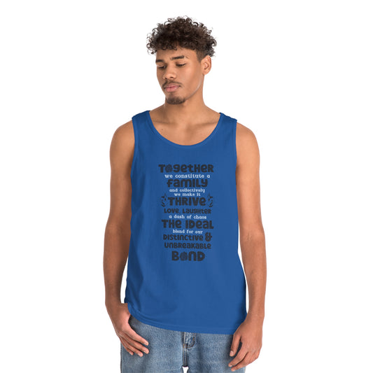 Front View On The Male Model In True Royal Color of the "Thriving Unity - Unisex Heavy Cotton Tank Top featuring a typographic design with the quote "Together, we constitute a family, and collectively, we make it thrive. Love, laughter, and a dash of chao