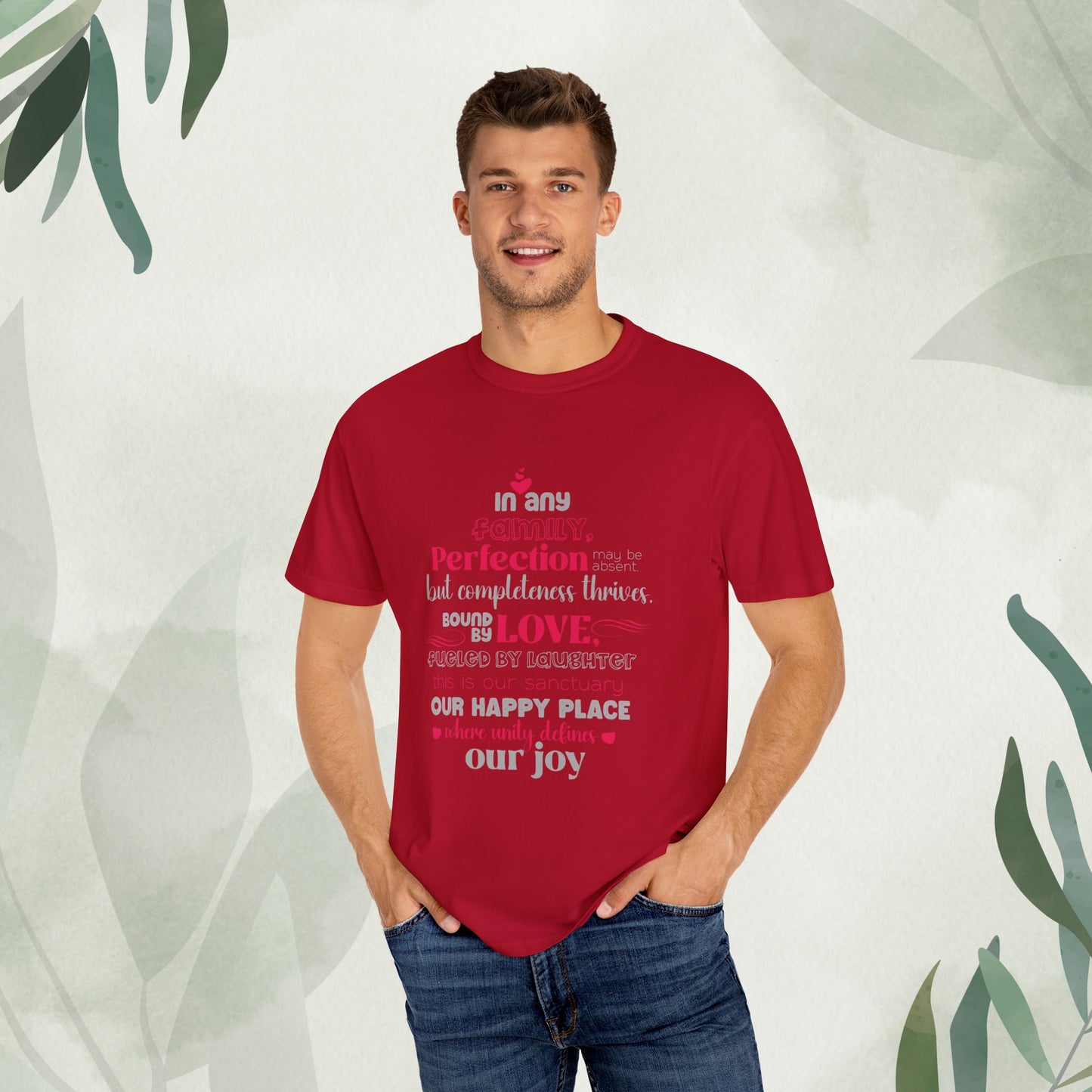 "Diverse mockups presenting the Sanctuary of Unity - Unisex Garment-Dyed T-shirt in various hues and sizes, complemented by a typography design symbolizing the unbreakable bond shared within families."