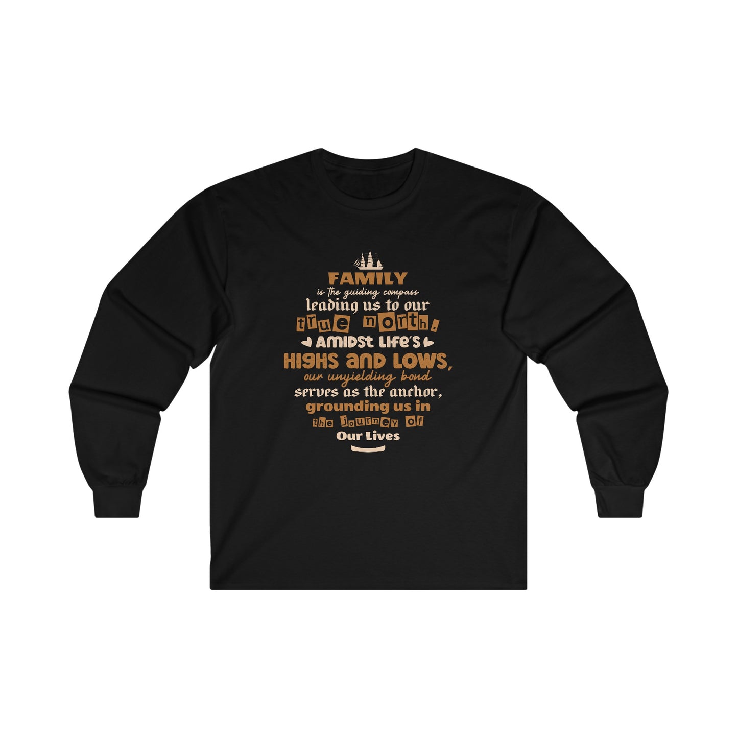 Visual representation of the Comfort and Style with Our Unisex Ultra Cotton Long Sleeve Tee, featuring a variety of colors and sizes, adorned with a typography design inspired by the enduring bond of family."