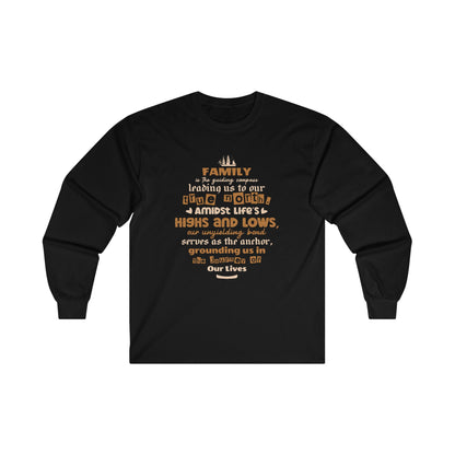 Visual representation of the Comfort and Style with Our Unisex Ultra Cotton Long Sleeve Tee, featuring a variety of colors and sizes, adorned with a typography design inspired by the enduring bond of family."