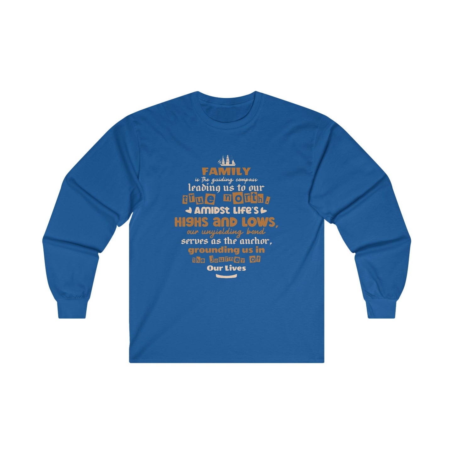 Visual representation of the Comfort and Style with Our Unisex Ultra Cotton Long Sleeve Tee, featuring a variety of colors and sizes, adorned with a typography design inspired by the enduring bond of family."