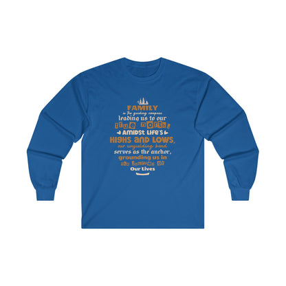 Visual representation of the Comfort and Style with Our Unisex Ultra Cotton Long Sleeve Tee, featuring a variety of colors and sizes, adorned with a typography design inspired by the enduring bond of family."