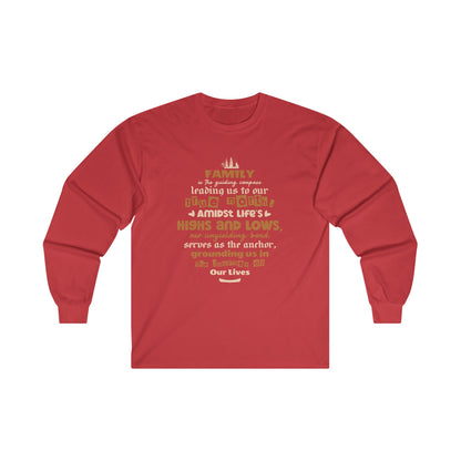 Visual representation of the Comfort and Style with Our Unisex Ultra Cotton Long Sleeve Tee, featuring a variety of colors and sizes, adorned with a typography design inspired by the enduring bond of family."