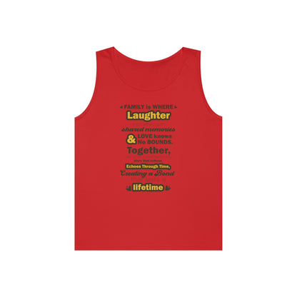 Front view Red mockup of the Eternal Bond - Unisex Heavy Cotton Tank Top featuring a typography design inspired by the quote: 'Family is where laughter intertwines with shared memories, and love knows no bounds. Together, we craft a heartwarming story tha