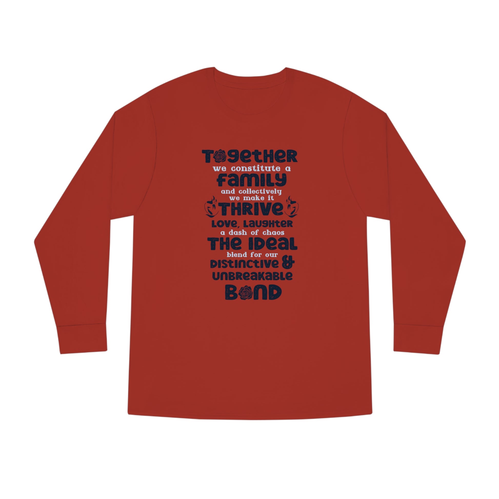 "Explore the versatility of the Thrive Together - Unisex Long Sleeve Crewneck Tee with mockups depicting different colors and sizes, all featuring a heartfelt typography design celebrating the strength of familial love."