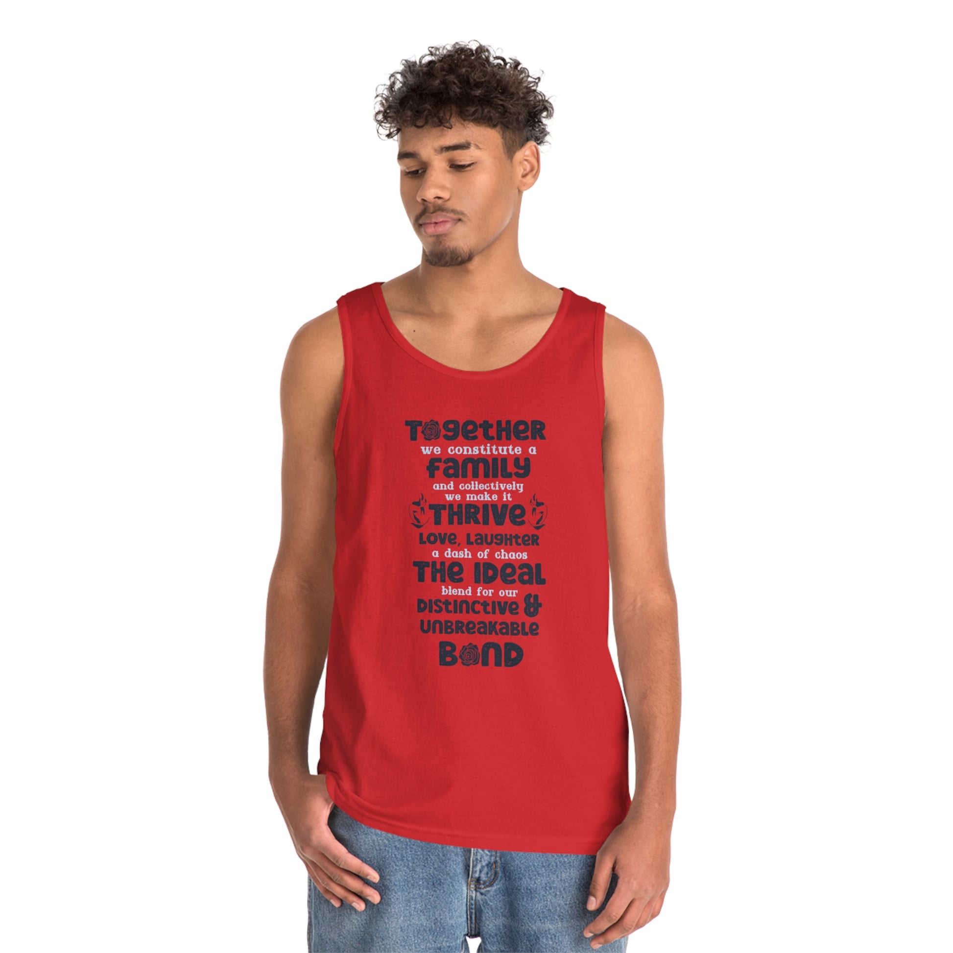 Front View On The Male Model In Red Color of the "Thriving Unity - Unisex Heavy Cotton Tank Top featuring a typographic design with the quote "Together, we constitute a family, and collectively, we make it thrive. Love, laughter, and a dash of chaos – the