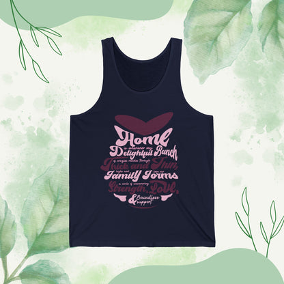 "Visual representations of the Family Circle of Strength - Unisex Jersey Tank Top in diverse color palettes and sizes, all embellished with a typography design capturing the essence of familial bonds and unity."