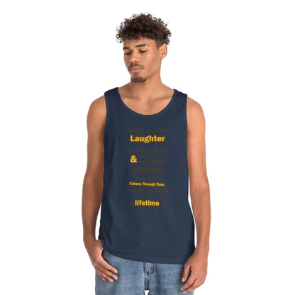 Navy Male View of the Eternal Bond - Unisex Heavy Cotton Tank Top featuring a typography design inspired by the quote: 'Family is where laughter intertwines with shared memories, and love knows no bounds. Together, we craft a heartwarming story that ec