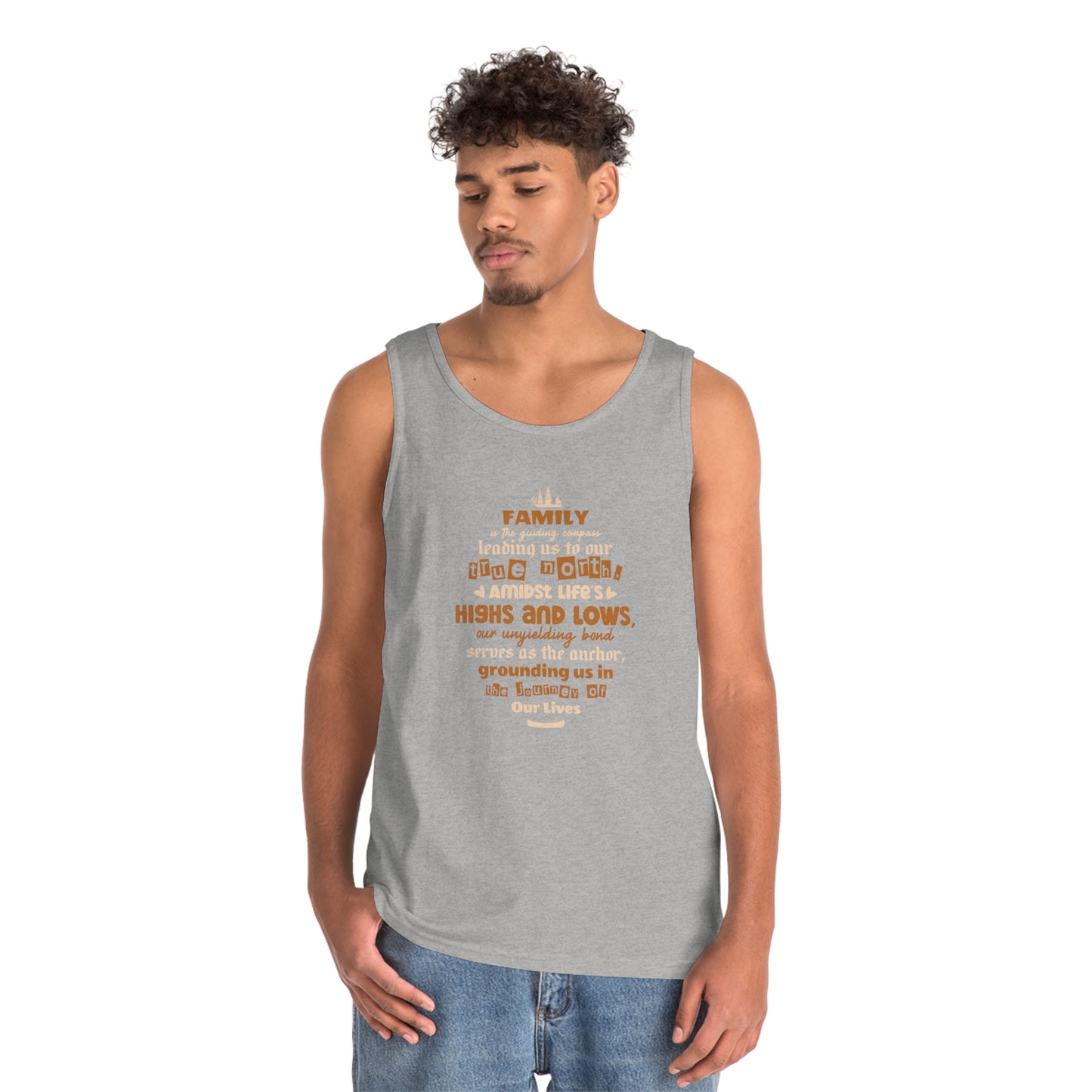 Sport grey tank top on male model showcasing "Family is the guiding compass" typography.