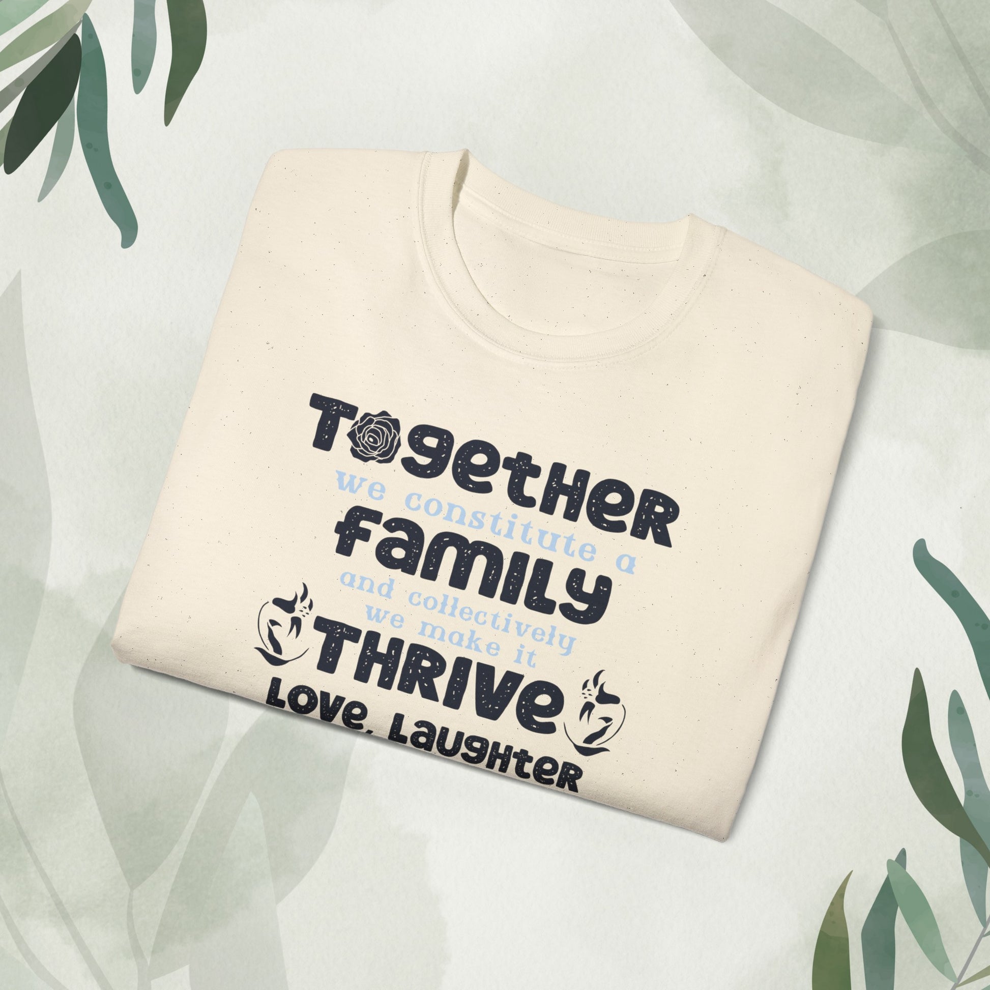 "A collection of mockups showcasing the Thrive Together With Unisex Ultra Cotton Tee in various sizes and colors, accompanied by a typography design inspired by the enduring unity of family."