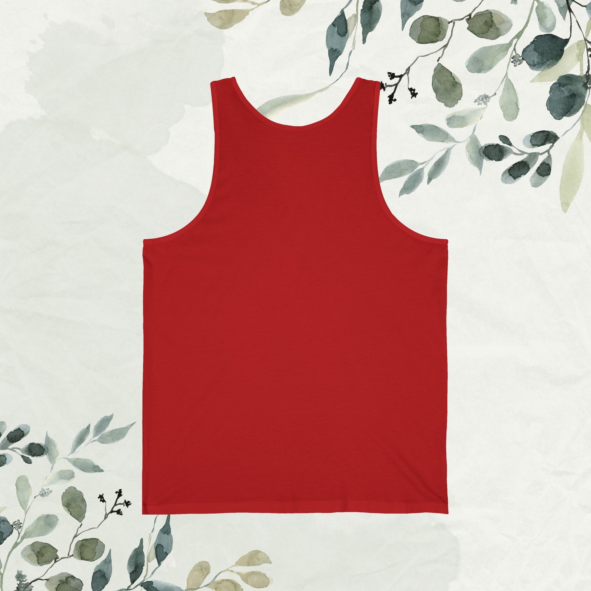 Red And Back View of Unisex Jersey Tank Top with Typography Design: 'In Any family, perfection may be absent, but completeness thrives. Bound by love, fueled by laughter – this is our sanctuary, our happy place where unity defines our joy