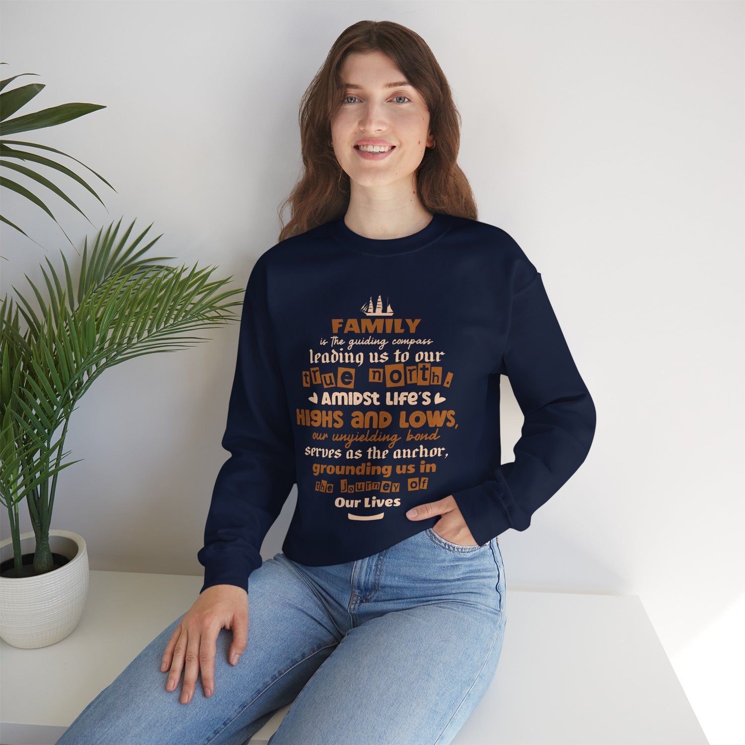 "Witness the Guided by Family - Unisex Heavy Blend™ Crewneck Sweatshirt in a myriad of colors and sizes, each adorned with a typography design reflecting the enduring strength and unity found in family connections."