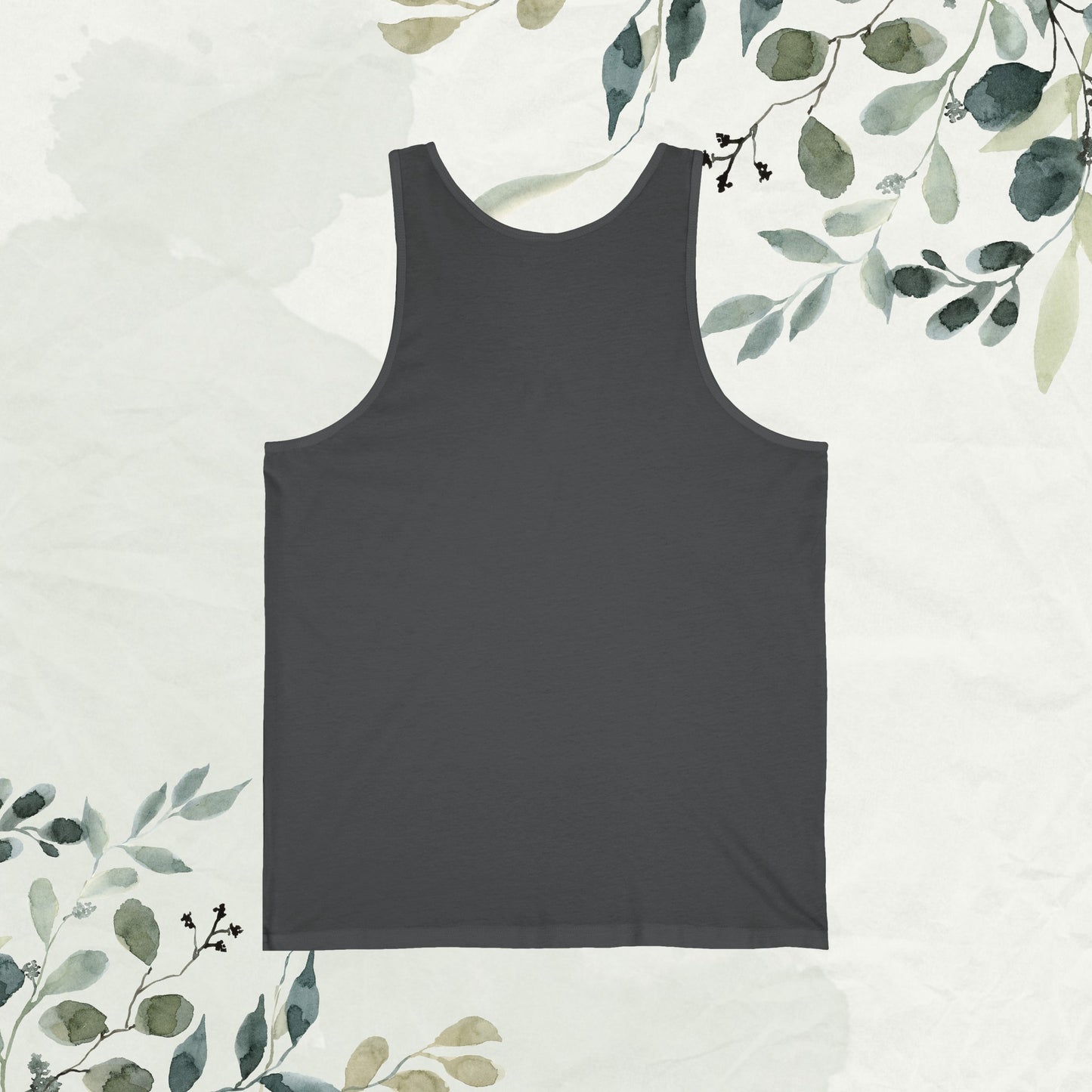 Asphalt And Back View of Unisex Jersey Tank Top with Typography Design: 'In Any family, perfection may be absent, but completeness thrives. Bound by love, fueled by laughter – this is our sanctuary, our happy place where unity defines our joy