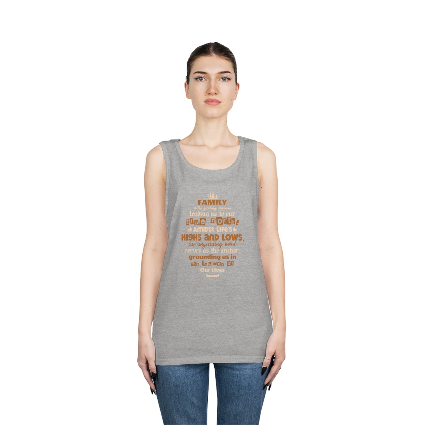 On Person 1 (Female) wearing sport grey tank top with "Family is the guiding compass" typography.