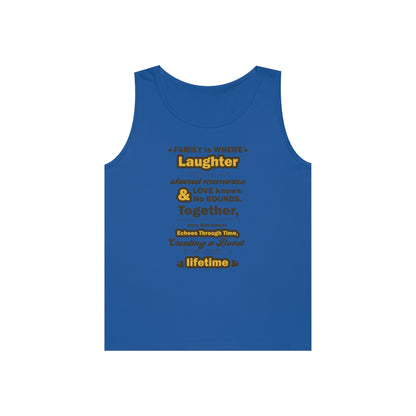 Front view Royal mockup of the Eternal Bond - Unisex Heavy Cotton Tank Top featuring a typography design inspired by the quote: 'Family is where laughter intertwines with shared memories, and love knows no bounds. Together, we craft a heartwarming story t