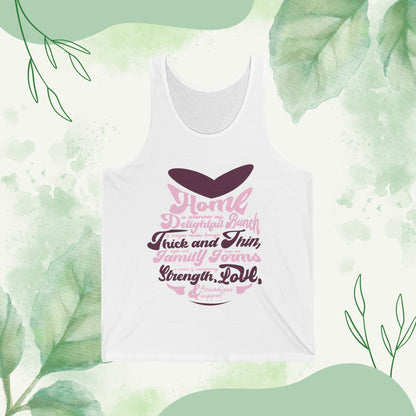 "Visual representations of the Family Circle of Strength - Unisex Jersey Tank Top in diverse color palettes and sizes, all embellished with a typography design capturing the essence of familial bonds and unity."