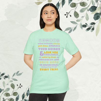 "Explore the Embrace Unconditional Love With Unisex CVC Jersey T-shirt in different hues and sizes, featuring a typography design that beautifully illustrates the profound connection and love within families."