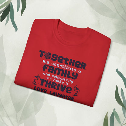 "A collection of mockups showcasing the Thrive Together With Unisex Ultra Cotton Tee in various sizes and colors, accompanied by a typography design inspired by the enduring unity of family."