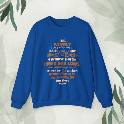 "Witness the Guided by Family - Unisex Heavy Blend™ Crewneck Sweatshirt in a myriad of colors and sizes, each adorned with a typography design reflecting the enduring strength and unity found in family connections."