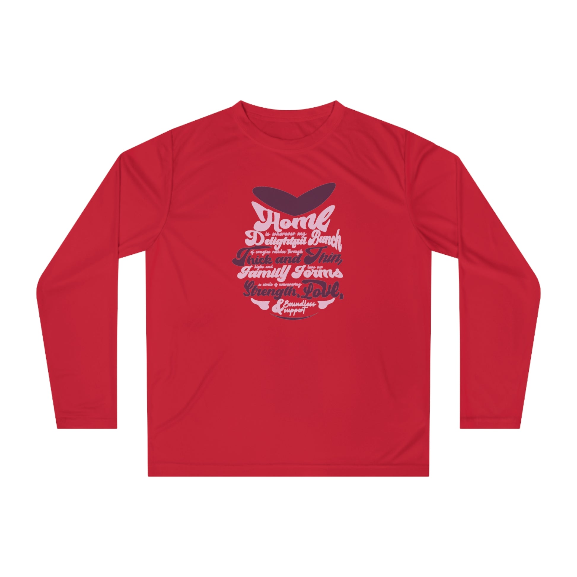 "Multiple mockups showcasing the Unleash Your Strength - Unisex Performance Long Sleeve Shirt in various sizes and colors, each featuring a unique typography design reflecting the essence of family bonding."