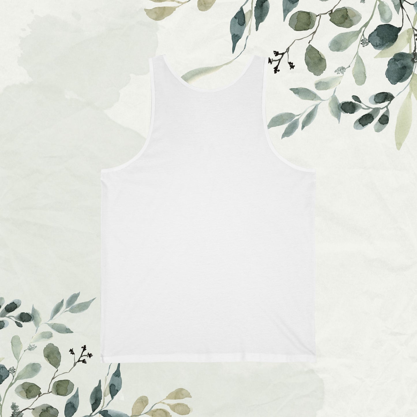 White And Back View of Unisex Jersey Tank Top with Typography Design: 'In Any family, perfection may be absent, but completeness thrives. Bound by love, fueled by laughter – this is our sanctuary, our happy place where unity defines our joy