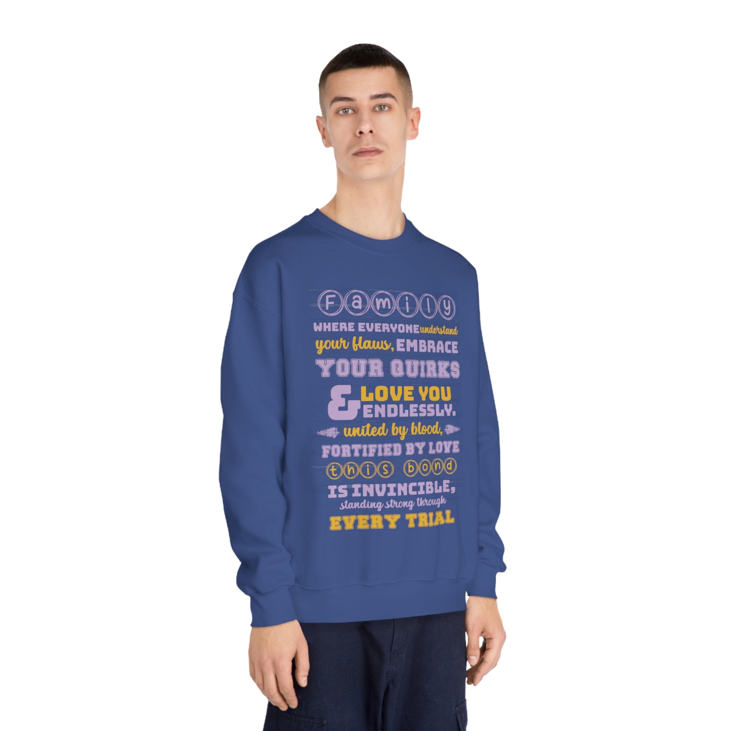 Different Sizes And Typography Design Based On The Quote Related To Family Bonding View of Product Embrace the Bond - Unisex DryBlend® Crewneck Sweatshirt In Navy Color