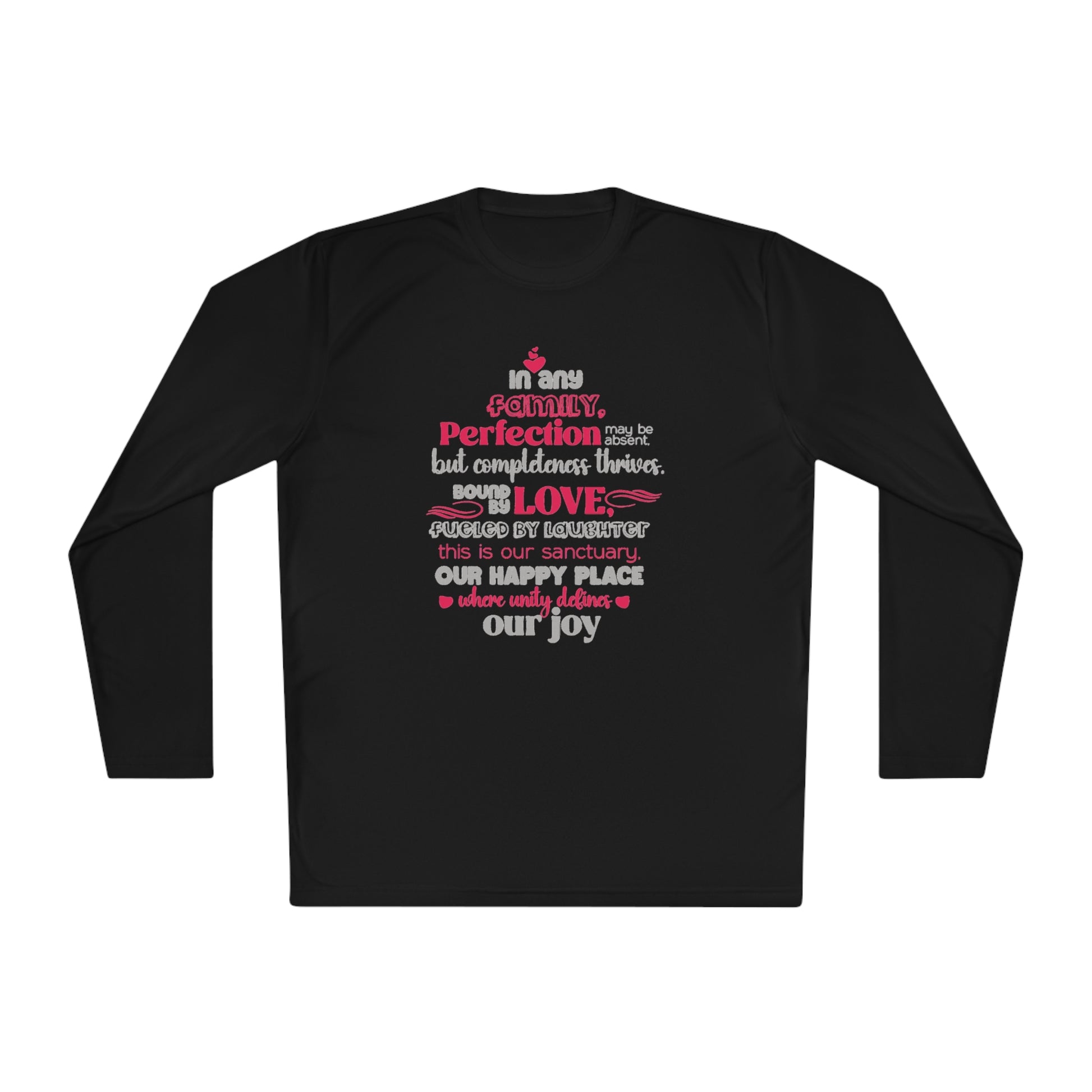 Explore the versatility of the Completeness Defined With Unisex Lightweight Long Sleeve Tee with mockups showcasing a range of vibrant colors and sizes, paired with typography designs inspired by the profound love within families.