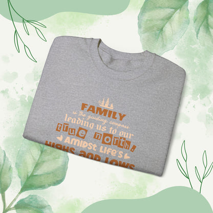 "Witness the Guided by Family - Unisex Heavy Blend™ Crewneck Sweatshirt in a myriad of colors and sizes, each adorned with a typography design reflecting the enduring strength and unity found in family connections."