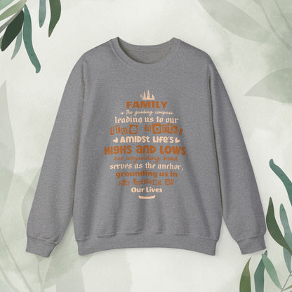 "Witness the Guided by Family - Unisex Heavy Blend™ Crewneck Sweatshirt in a myriad of colors and sizes, each adorned with a typography design reflecting the enduring strength and unity found in family connections."