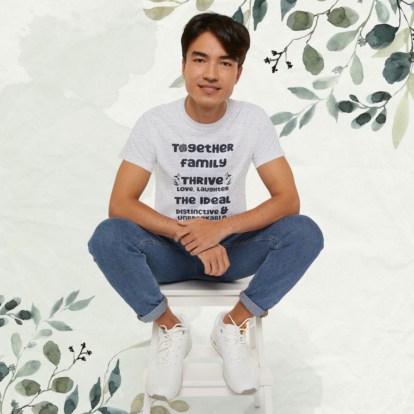 "A collection of mockups showcasing the Thrive Together With Unisex Ultra Cotton Tee in various sizes and colors, accompanied by a typography design inspired by the enduring unity of family."