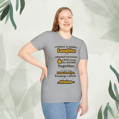 "Discover the Crafting Lasting Family Bonds With Unisex Softstyle T-Shirt in various color options and sizes, featuring typography designs that beautifully convey the unique bond and understanding shared among family members."