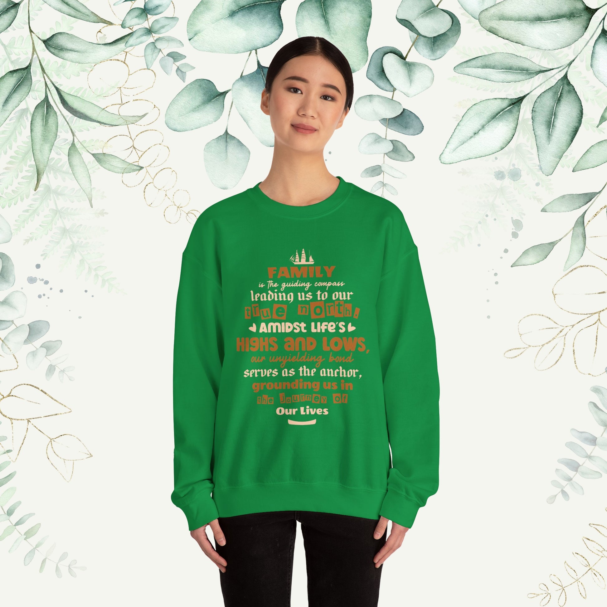 "Witness the Guided by Family - Unisex Heavy Blend™ Crewneck Sweatshirt in a myriad of colors and sizes, each adorned with a typography design reflecting the enduring strength and unity found in family connections."