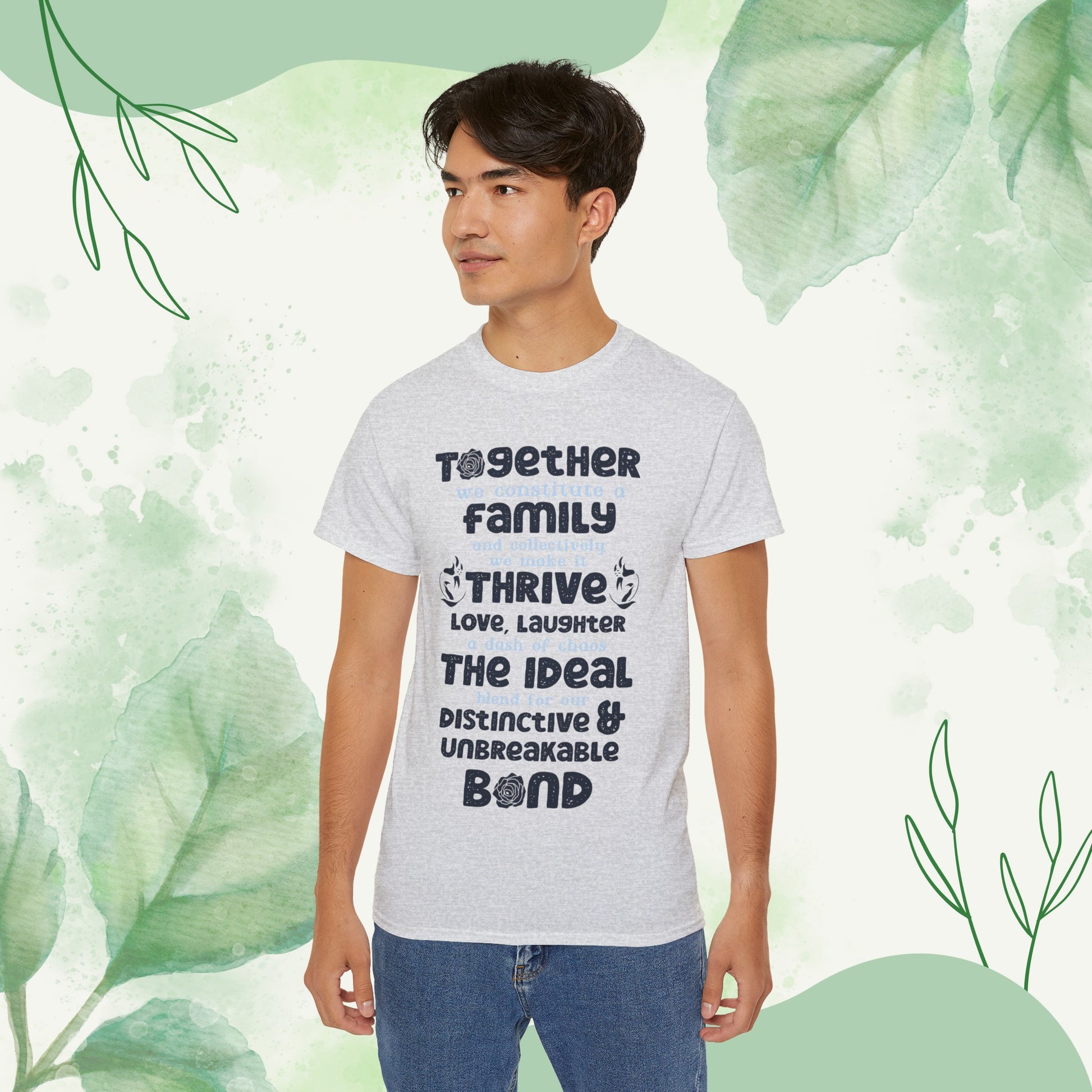 "A collection of mockups showcasing the Thrive Together With Unisex Ultra Cotton Tee in various sizes and colors, accompanied by a typography design inspired by the enduring unity of family."