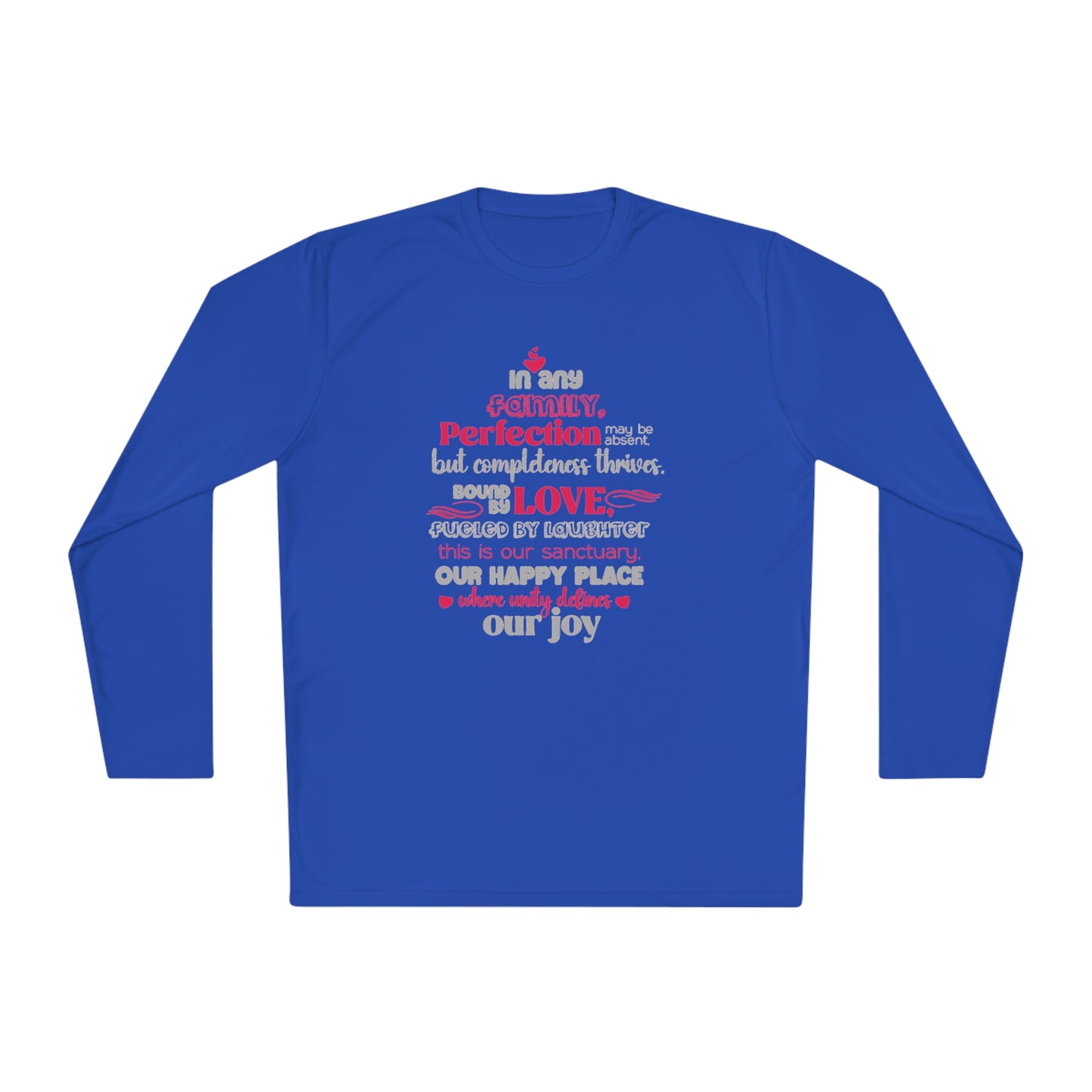 Explore the versatility of the Completeness Defined With Unisex Lightweight Long Sleeve Tee with mockups showcasing a range of vibrant colors and sizes, paired with typography designs inspired by the profound love within families.