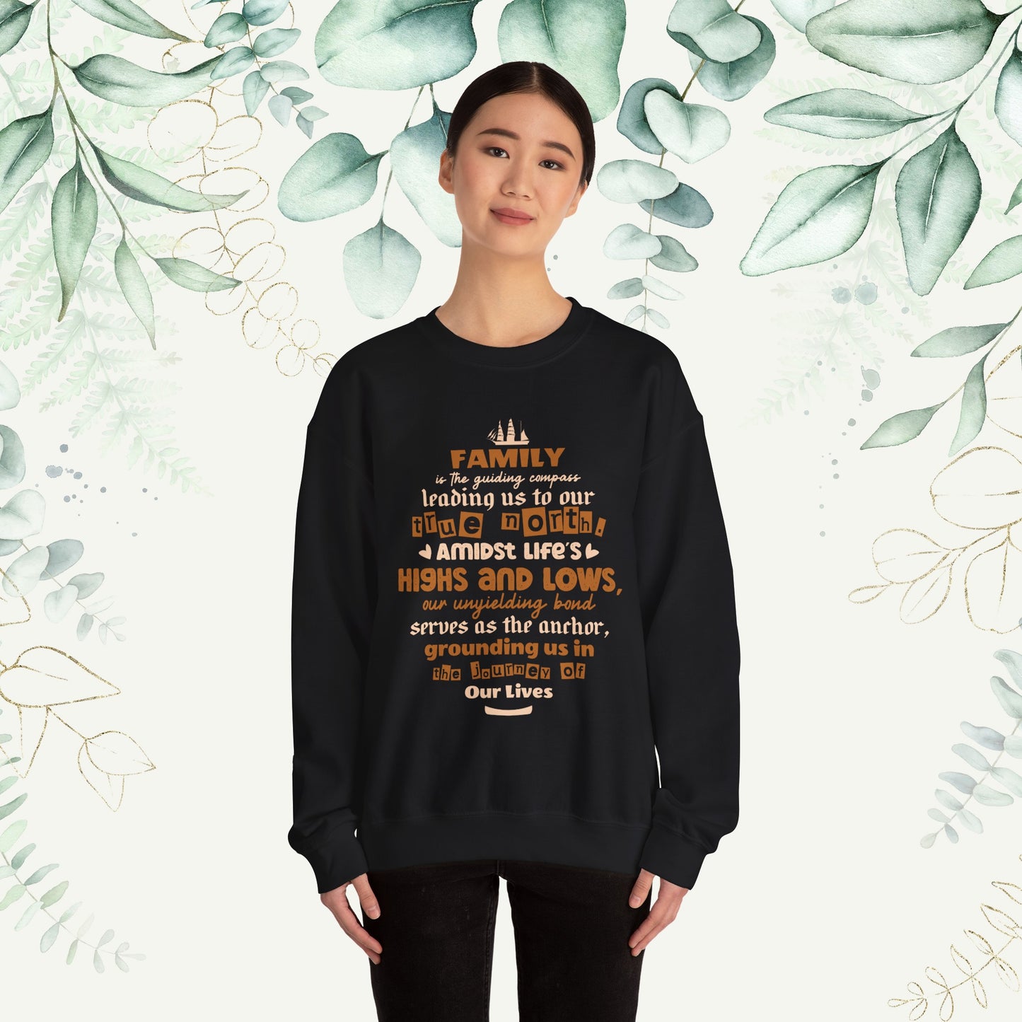 "Witness the Guided by Family - Unisex Heavy Blend™ Crewneck Sweatshirt in a myriad of colors and sizes, each adorned with a typography design reflecting the enduring strength and unity found in family connections."